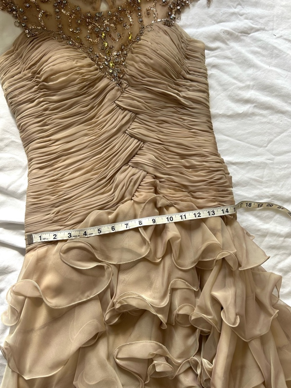 Shail K Gold Beaded Formal Dress Size 6 |  Neckline Ruffle Chiffon Prom Wedding - Picture 7 of 7
